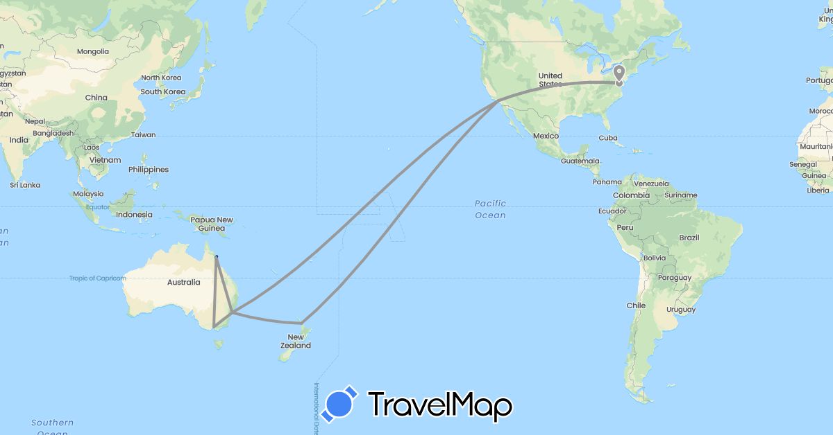 TravelMap itinerary: driving, bus, plane in Australia, New Zealand, United States (North America, Oceania)
